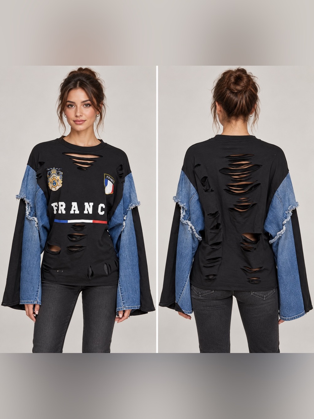Upcycled FRANCE Graphic Distressed Pullover Denim kimono style Sleeves size M/XL